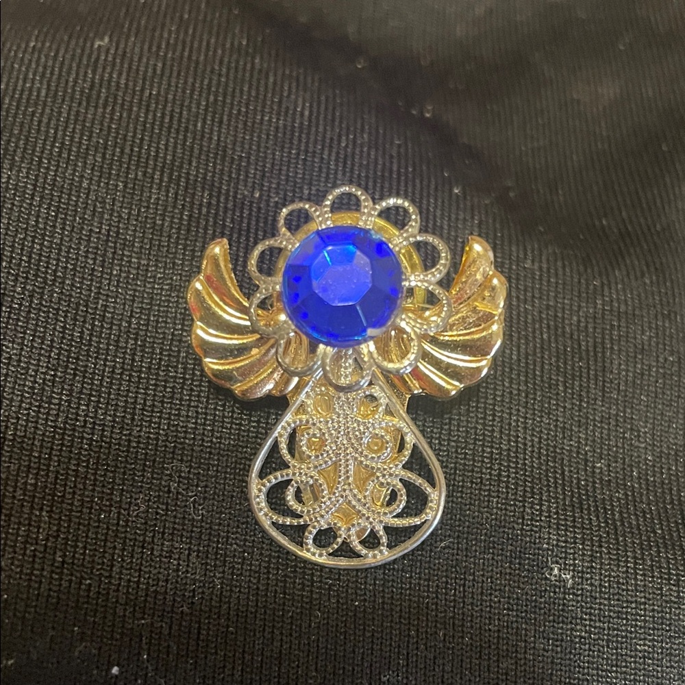 012 Vintage Gold Tone and Blue Gemstone Angel Brooch